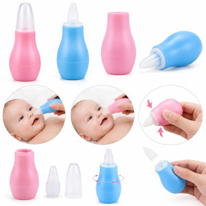 Baby nasal aspirator showing usage parts and cleaning method