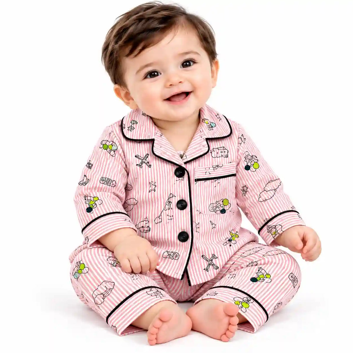 Baby Wearing Pink Striped Printed Shirt and Pajama Night Suit