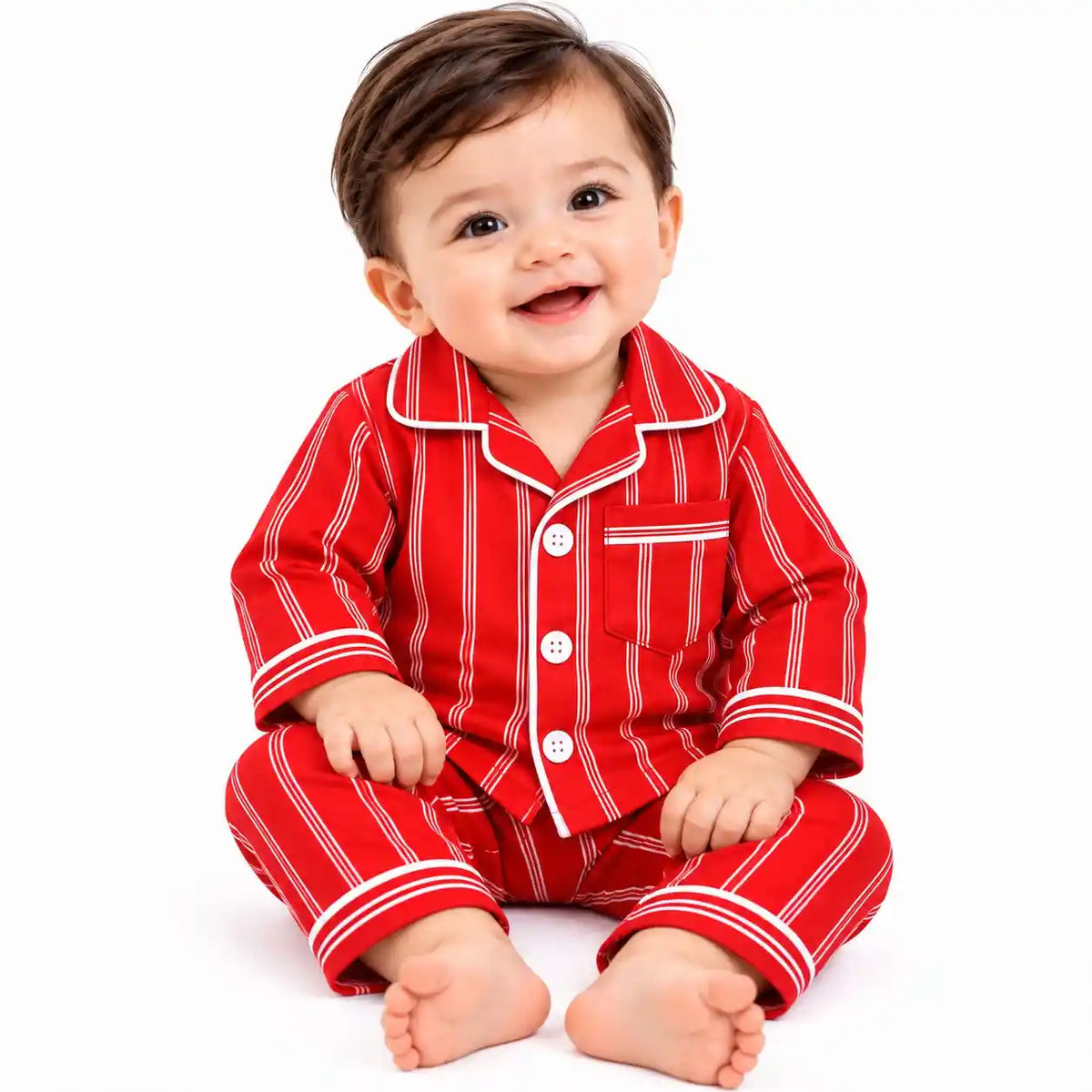 Baby Wearing Red Striped Shirt and Pajama Night Suit
