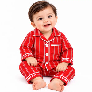 Baby Wearing Red Striped Shirt and Pajama Night Suit