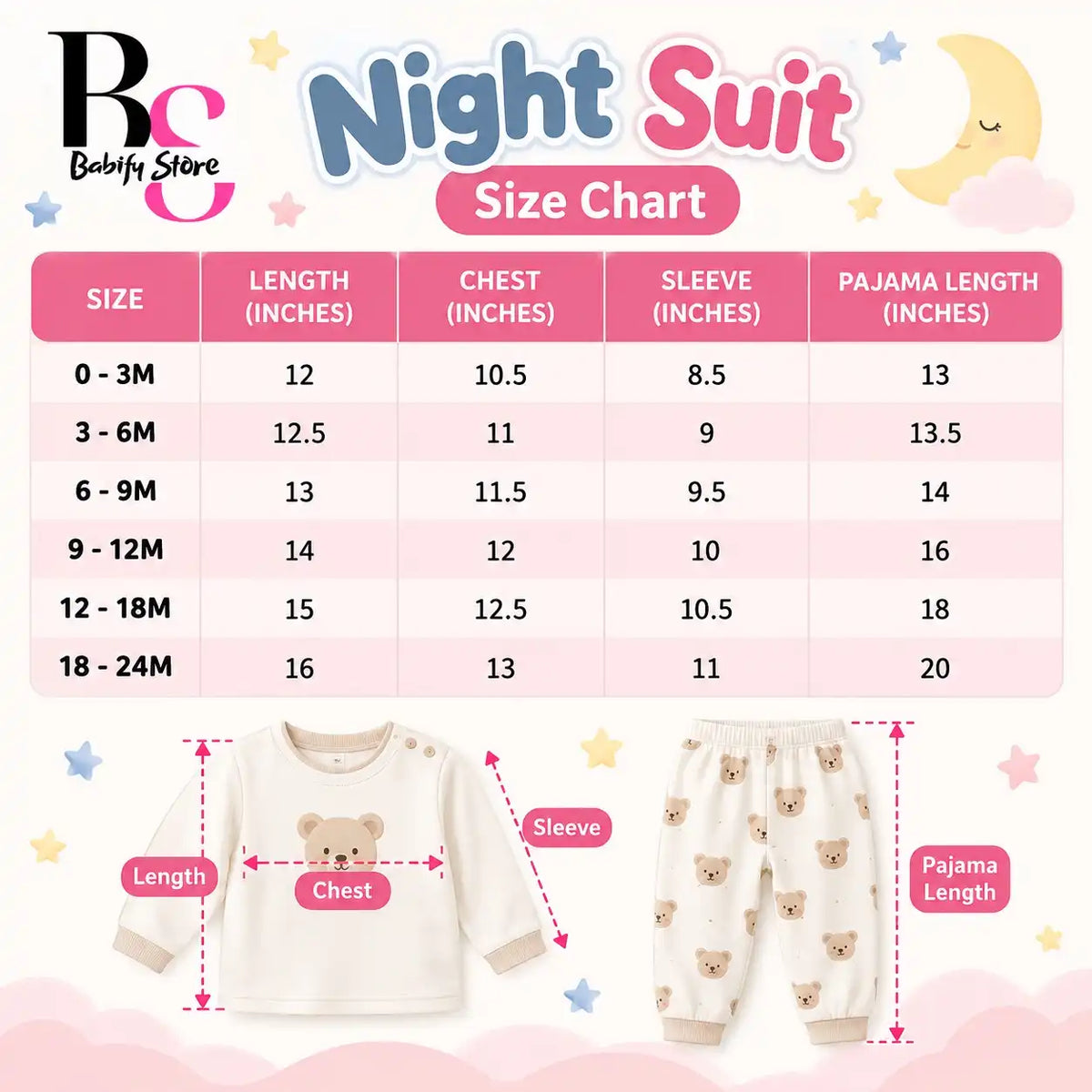 Baby Night Suit Size Chart