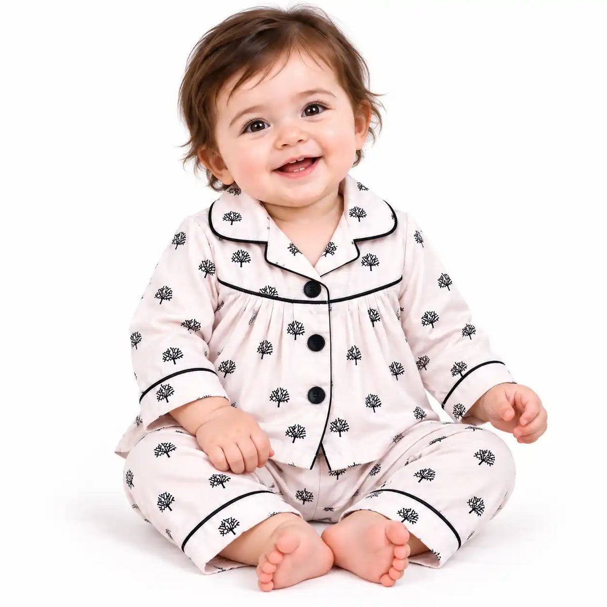 Baby Girl Wearing Tree Print Shirt and Pajama Night Suit