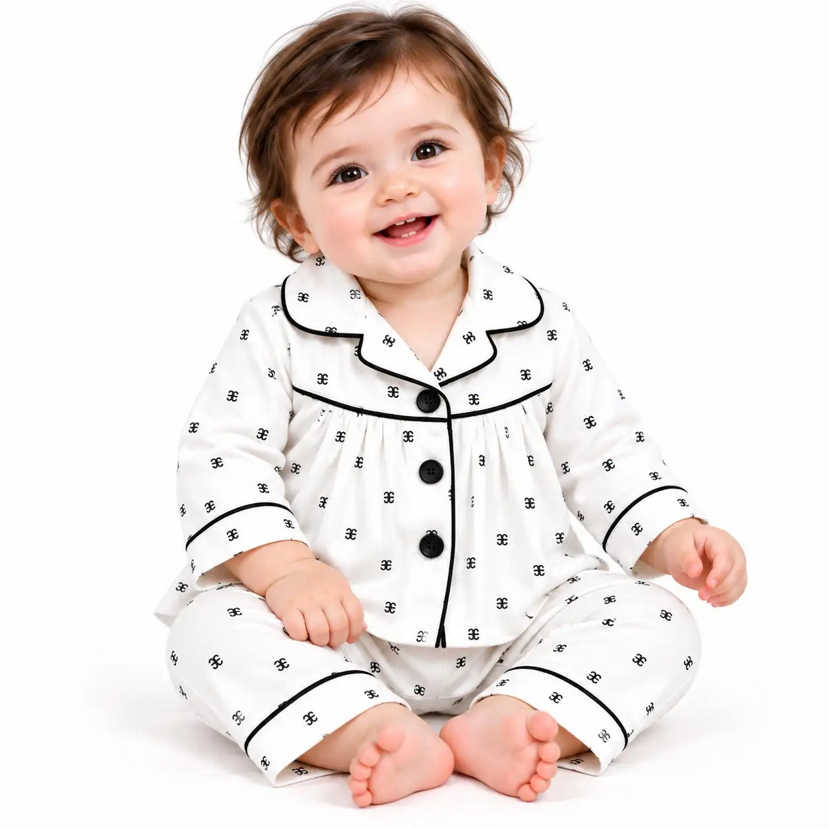 Baby Girls White Printed Night Suit Shirt and Pajama Set