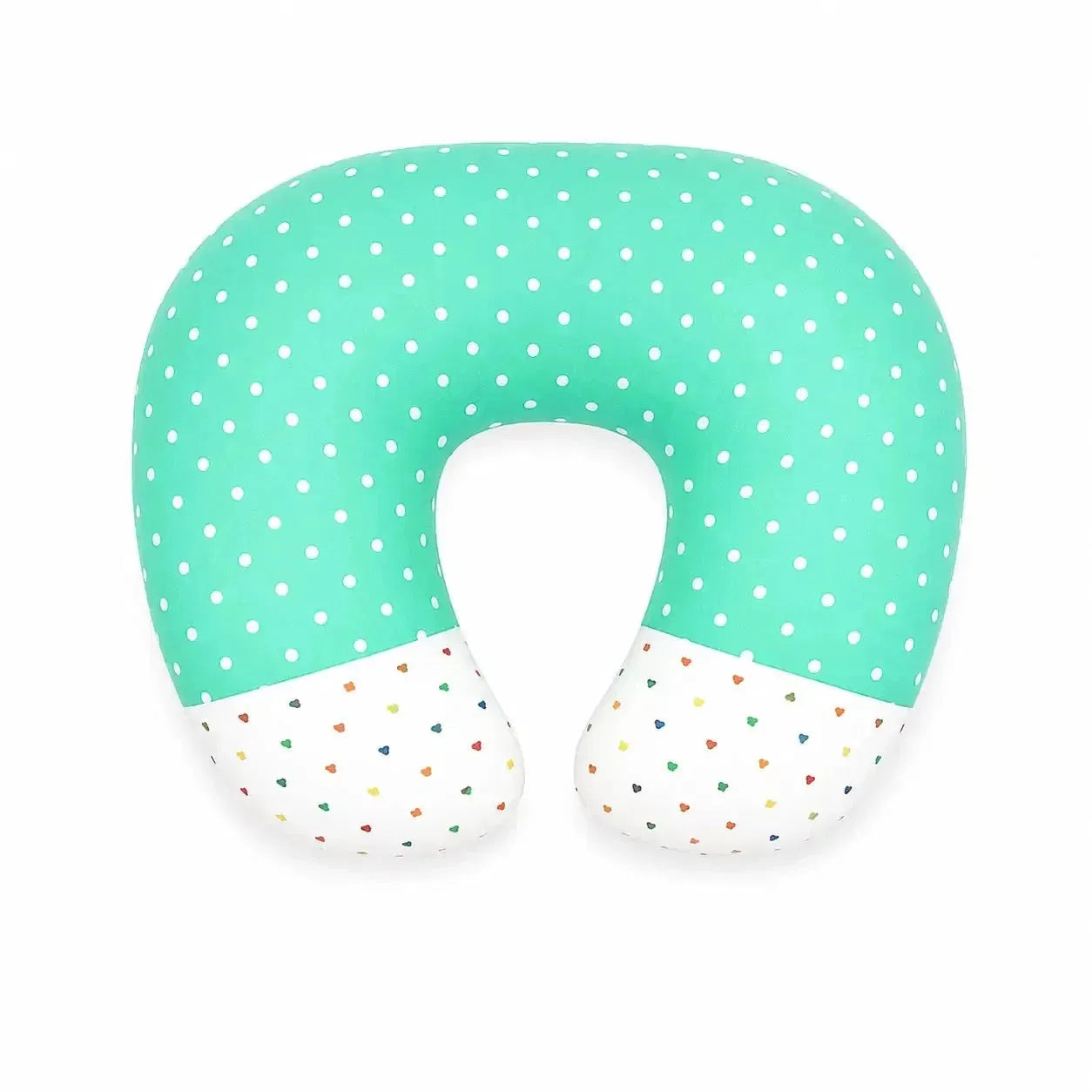 Green polka dot baby nursing and feeding support pillow with U-shaped design
