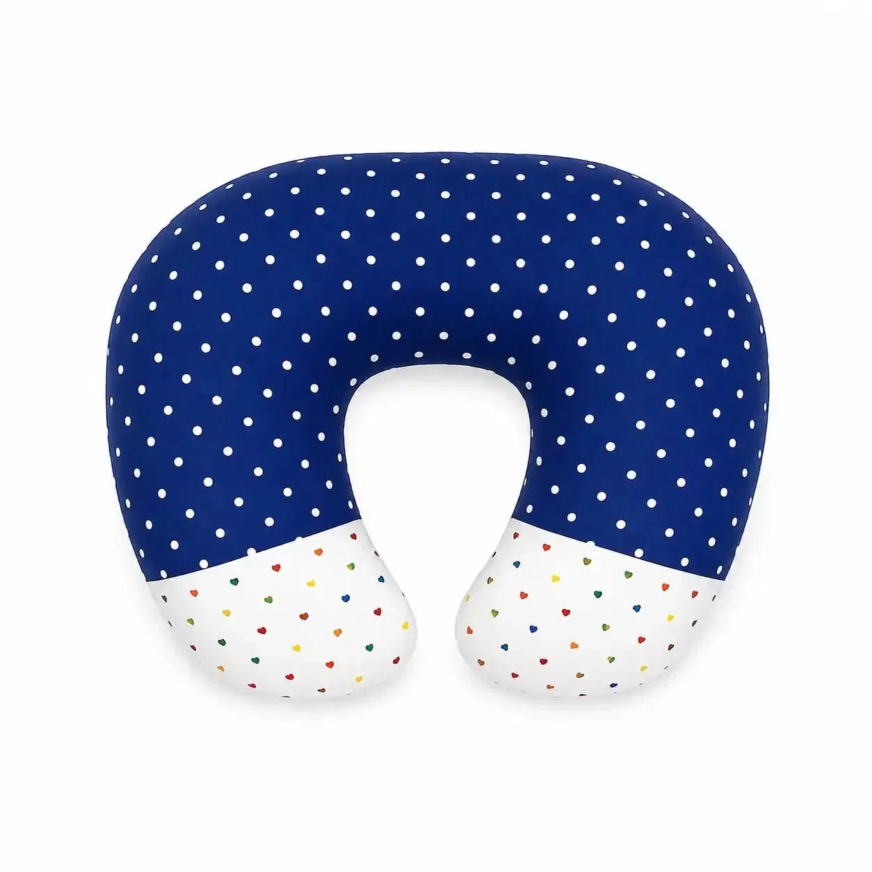 Dark blue polka dot baby nursing and feeding support pillow with U-shaped design
