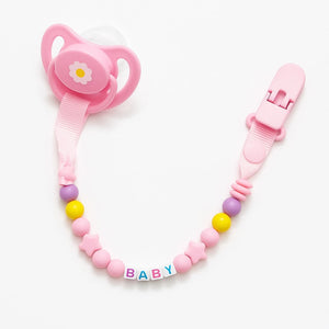 Pink silicone baby pacifier with clip-on beaded chain and hygiene cap