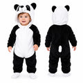 Panda character hooded winter fleece romper jumpsuit front and back view with tail detail