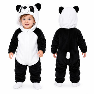 Panda character hooded winter fleece romper jumpsuit front and back view with tail detail
