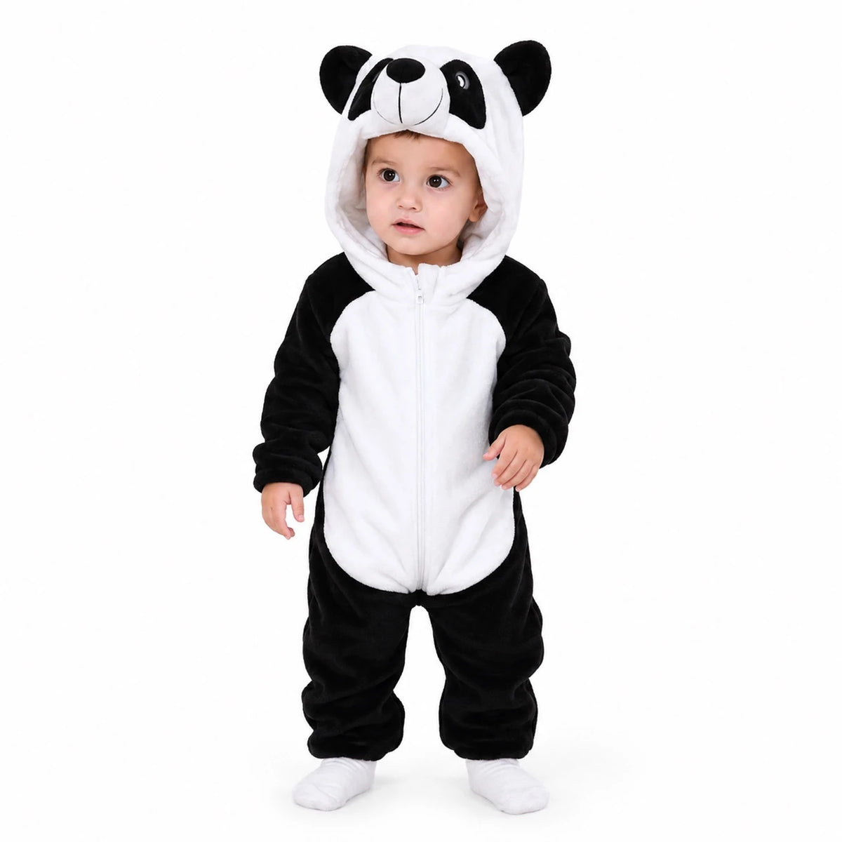 Panda character hooded winter fleece romper jumpsuit black and white front view