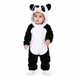 Panda character hooded winter fleece romper jumpsuit black and white front view