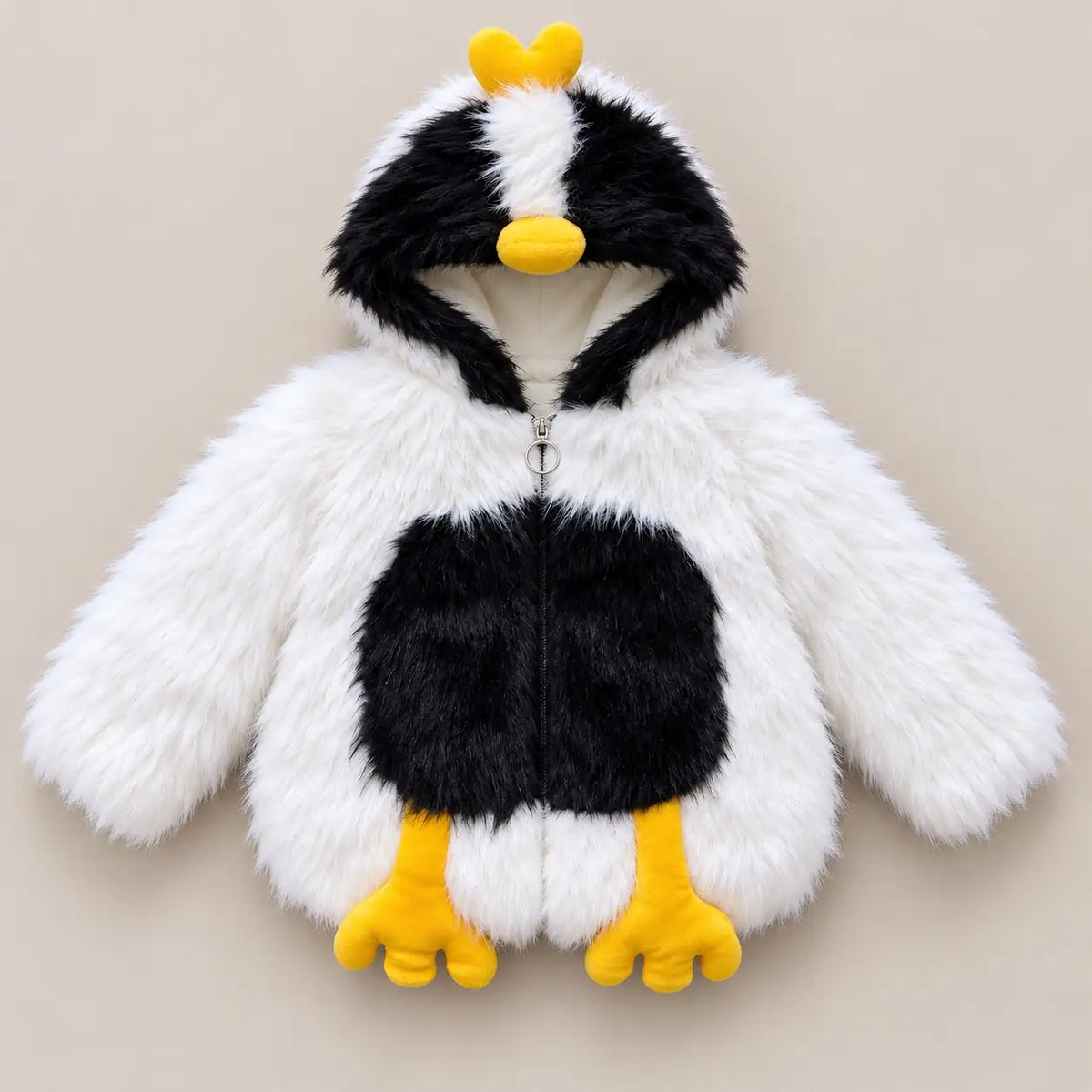 Kids white and black faux fur penguin hooded winter jacket with yellow beak, 3D penguin feet and front zipper