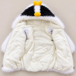 Kids white penguin hooded winter fur jacket opened to show cream fleece-style inner lining, long sleeves and zipper closure