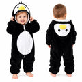 Penguin character hooded winter fleece romper jumpsuit front and back view