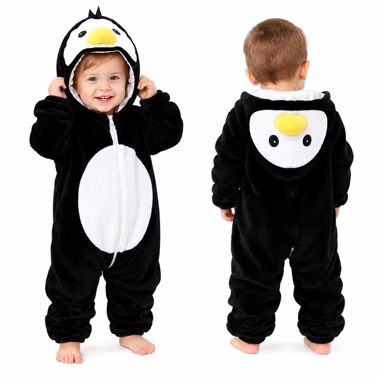 Penguin character hooded winter fleece romper jumpsuit front and back view