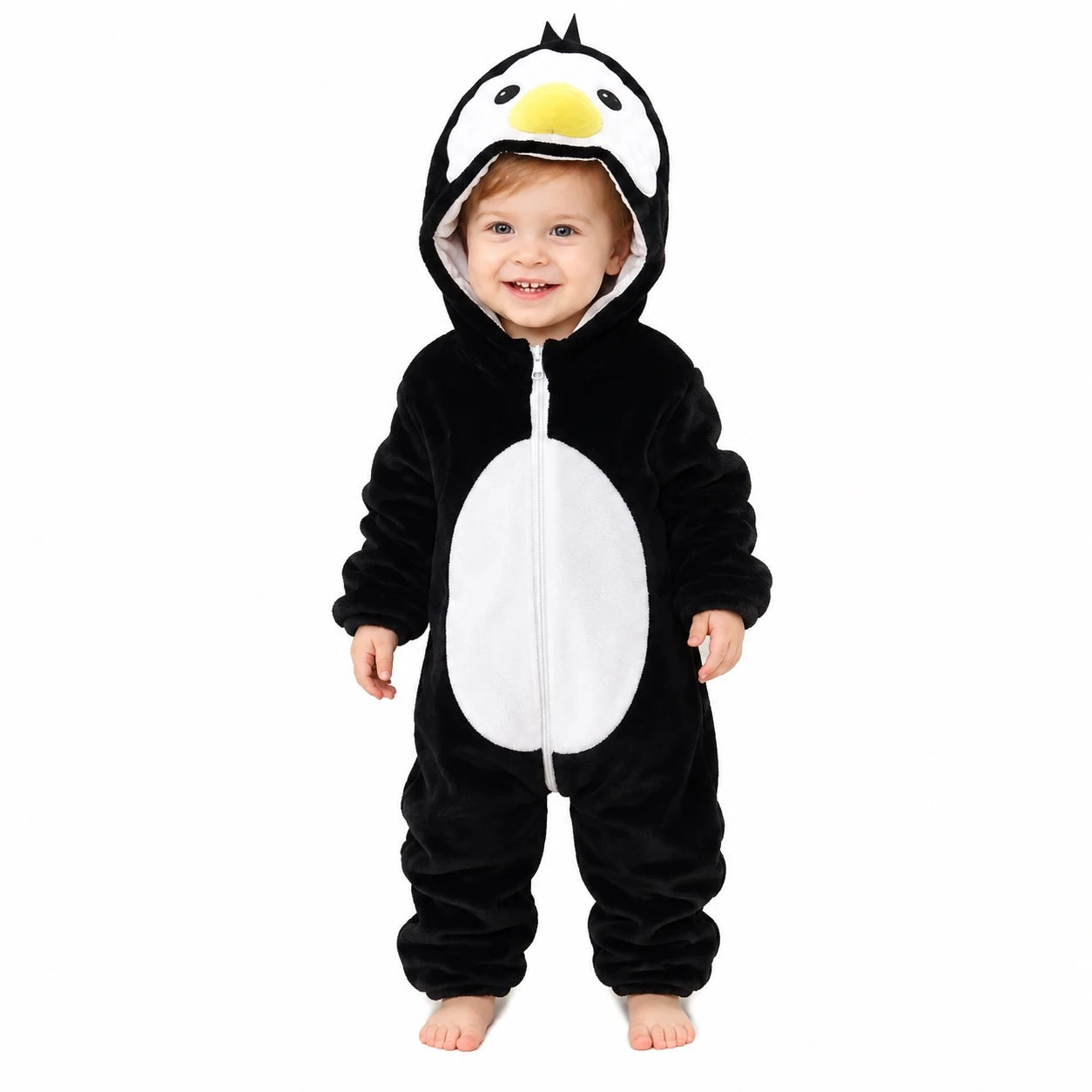 Penguin character hooded winter fleece romper jumpsuit black and white front view