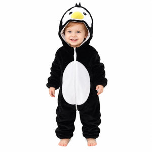 Penguin character hooded winter fleece romper jumpsuit black and white front view