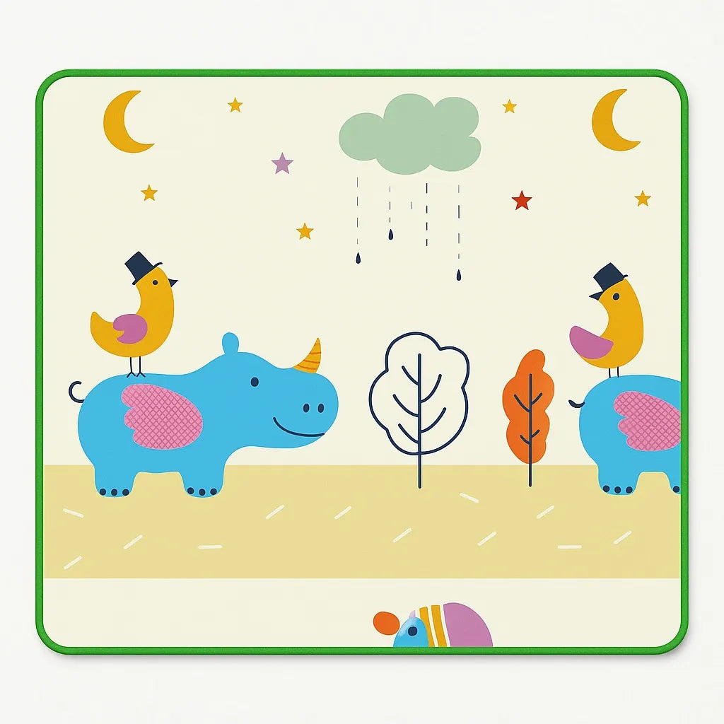 Foldable waterproof baby play mat with colorful hippo and moon print, 48 x 35 inches