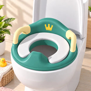 Green kids potty training seat with cushion on toilet
