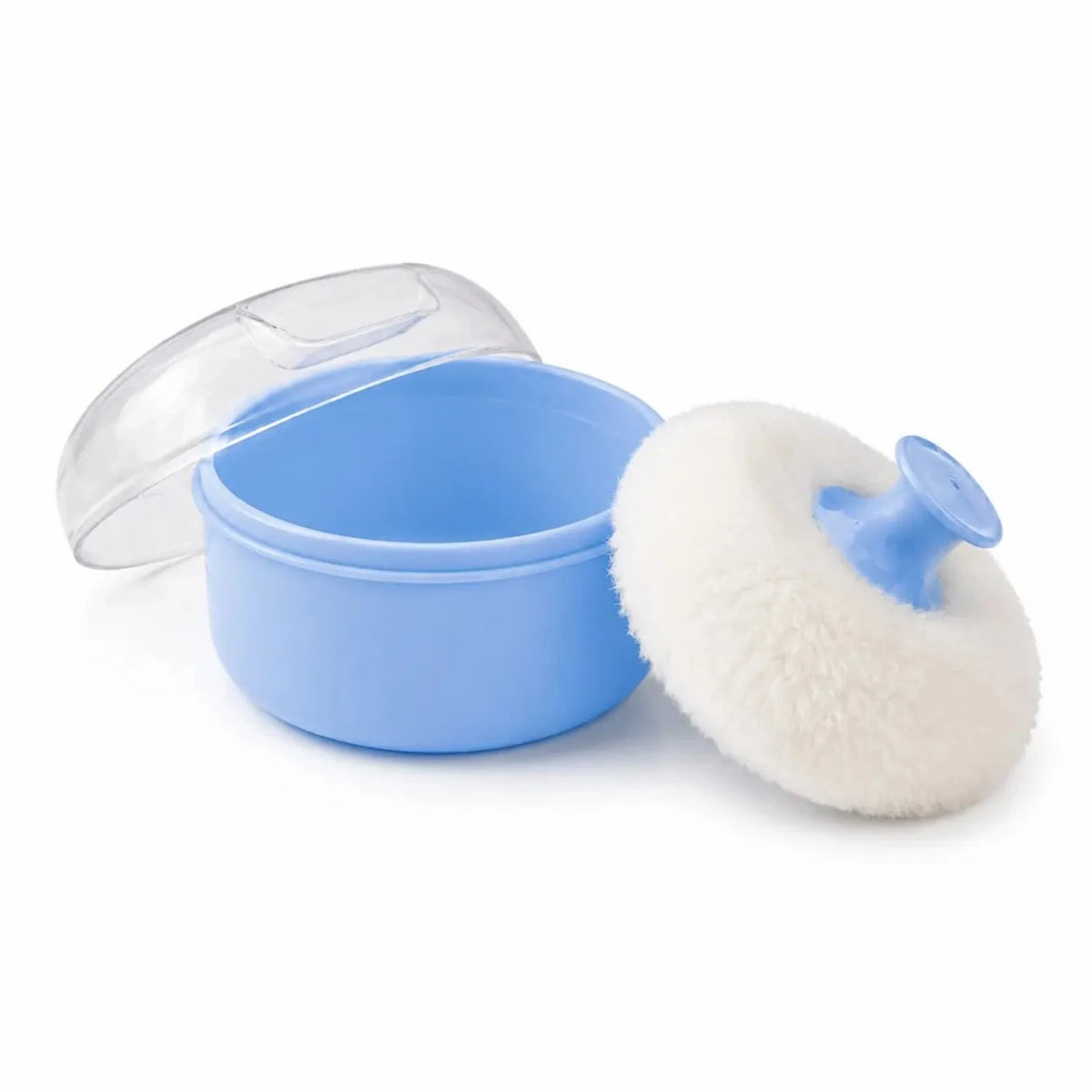 Blue baby musical powder puff with soft baby-safe applicator and storage box