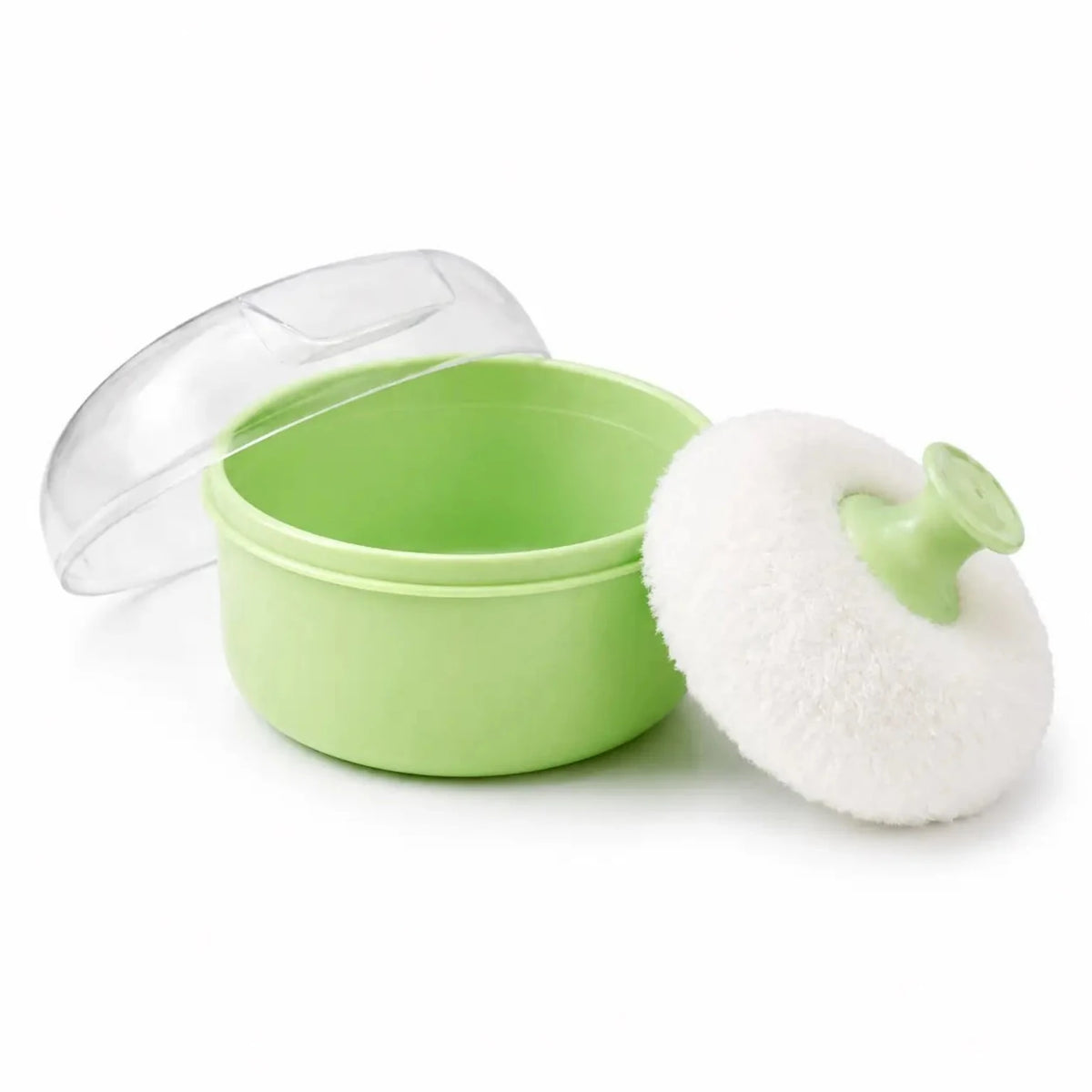 Green baby musical powder puff with soft fabric puff and hygienic storage box