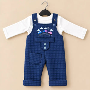 Navy blue baby quilted dungaree romper with white long sleeve inner shirt, embroidered car design and front pocket