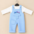 Sky blue baby quilted dungaree romper with white long sleeve inner shirt, embroidered car design and front pocket
