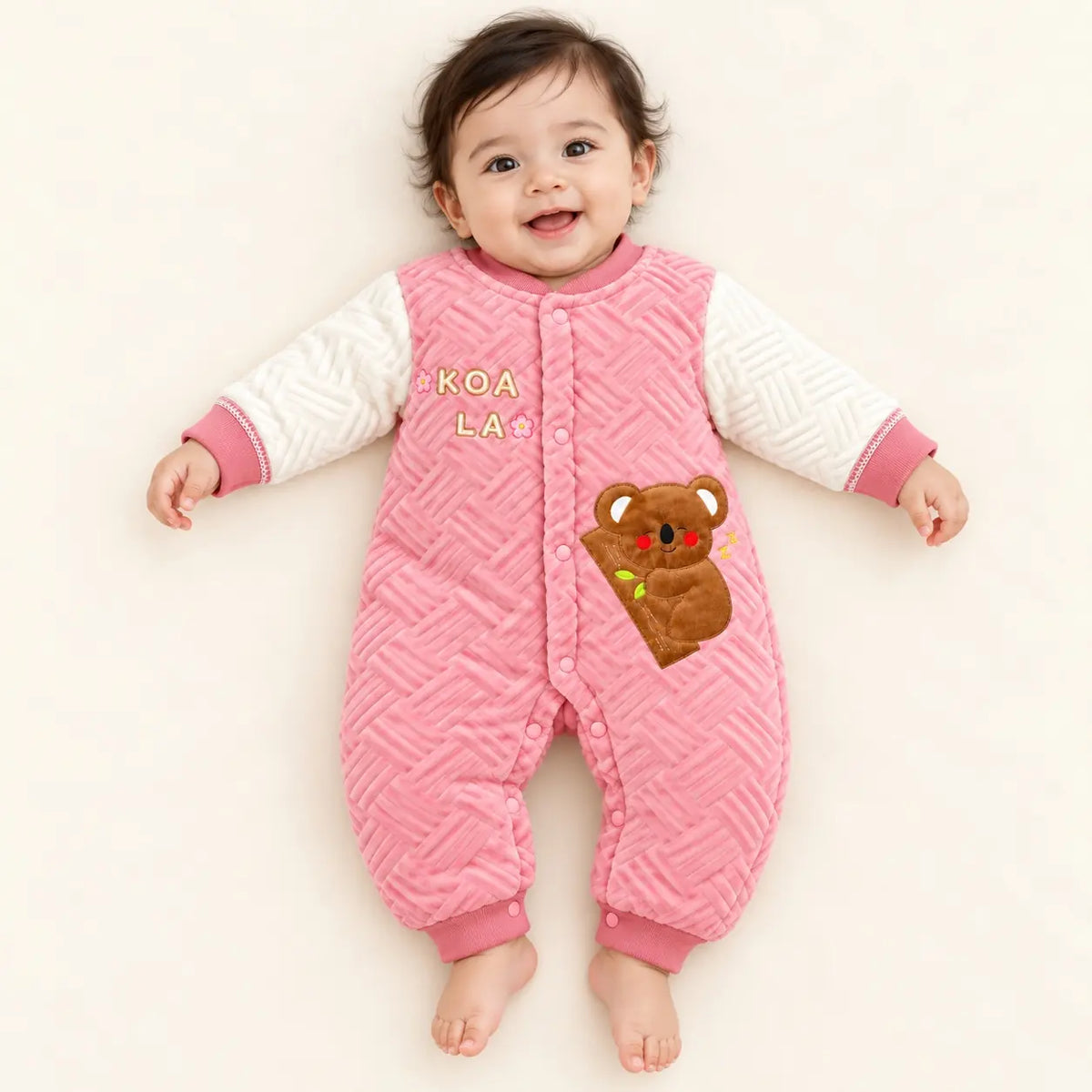 Baby Wearing Pink Quilted Winter Romper with Koala Design