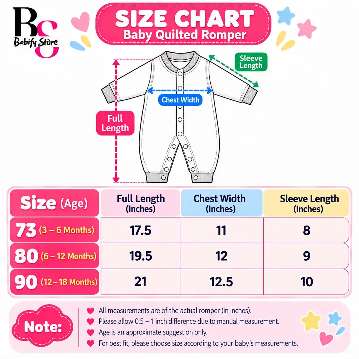 1. Baby Quilted Winter Romper Size Chart 3 to 18 Months