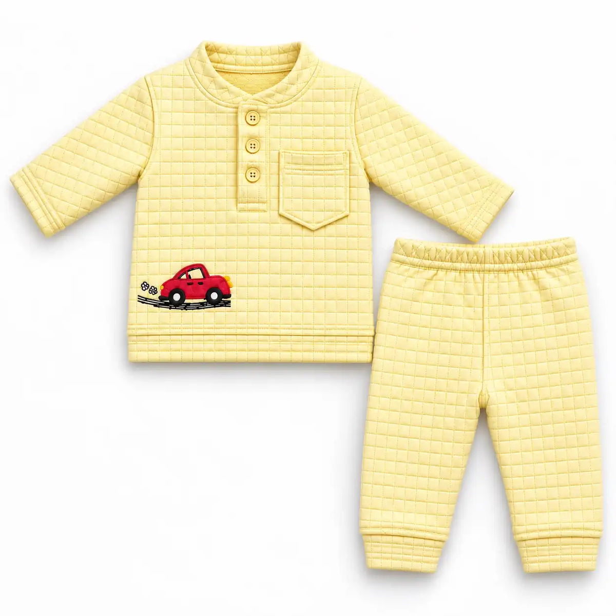 Yellow baby winter shirt and pajama set with square check texture, chest pocket and red car embroidery