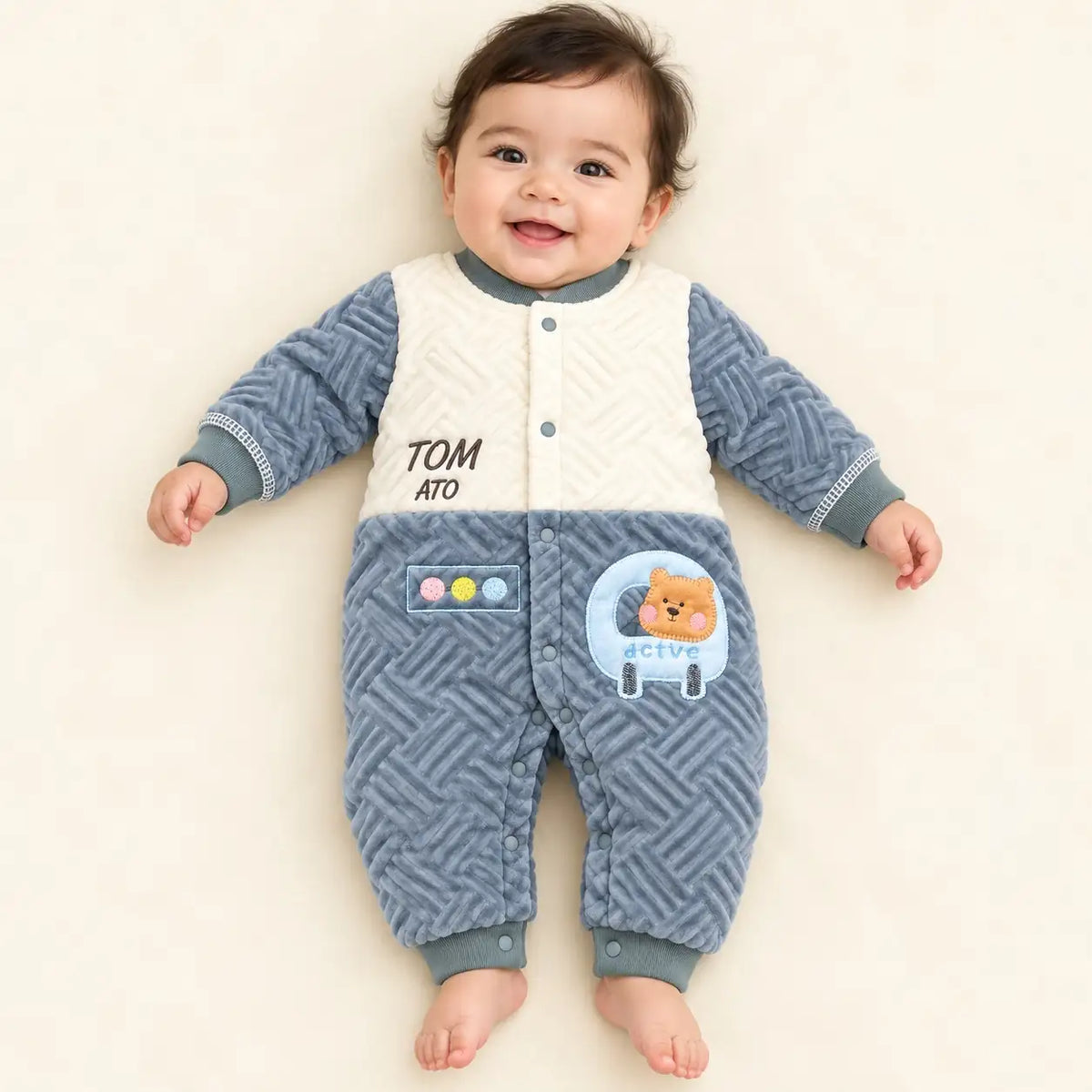 Baby Wearing Grey and Cream Velvet Quilted Winter Romper