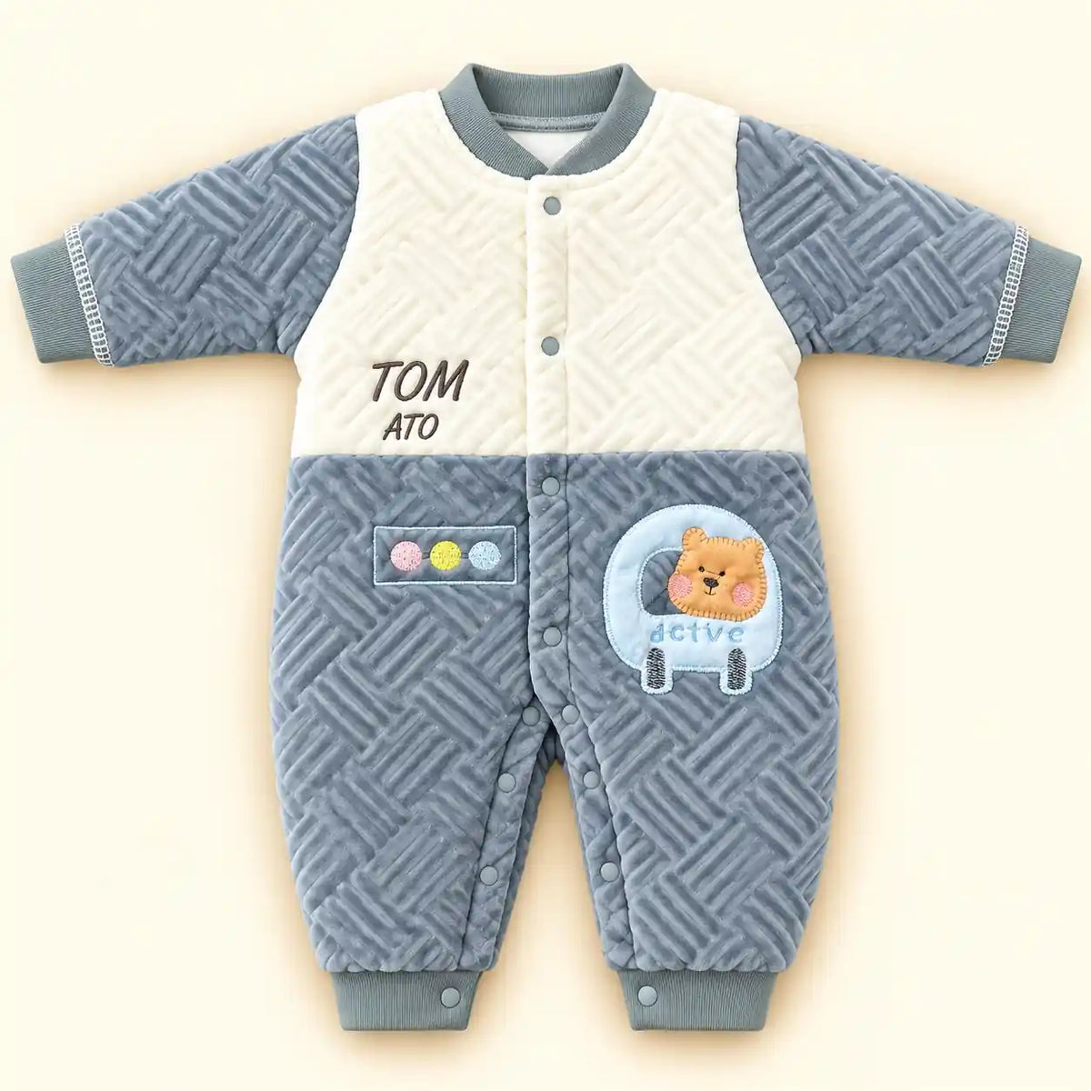 Baby Velvet Quilted Winter Romper Grey and Cream in Pakistan