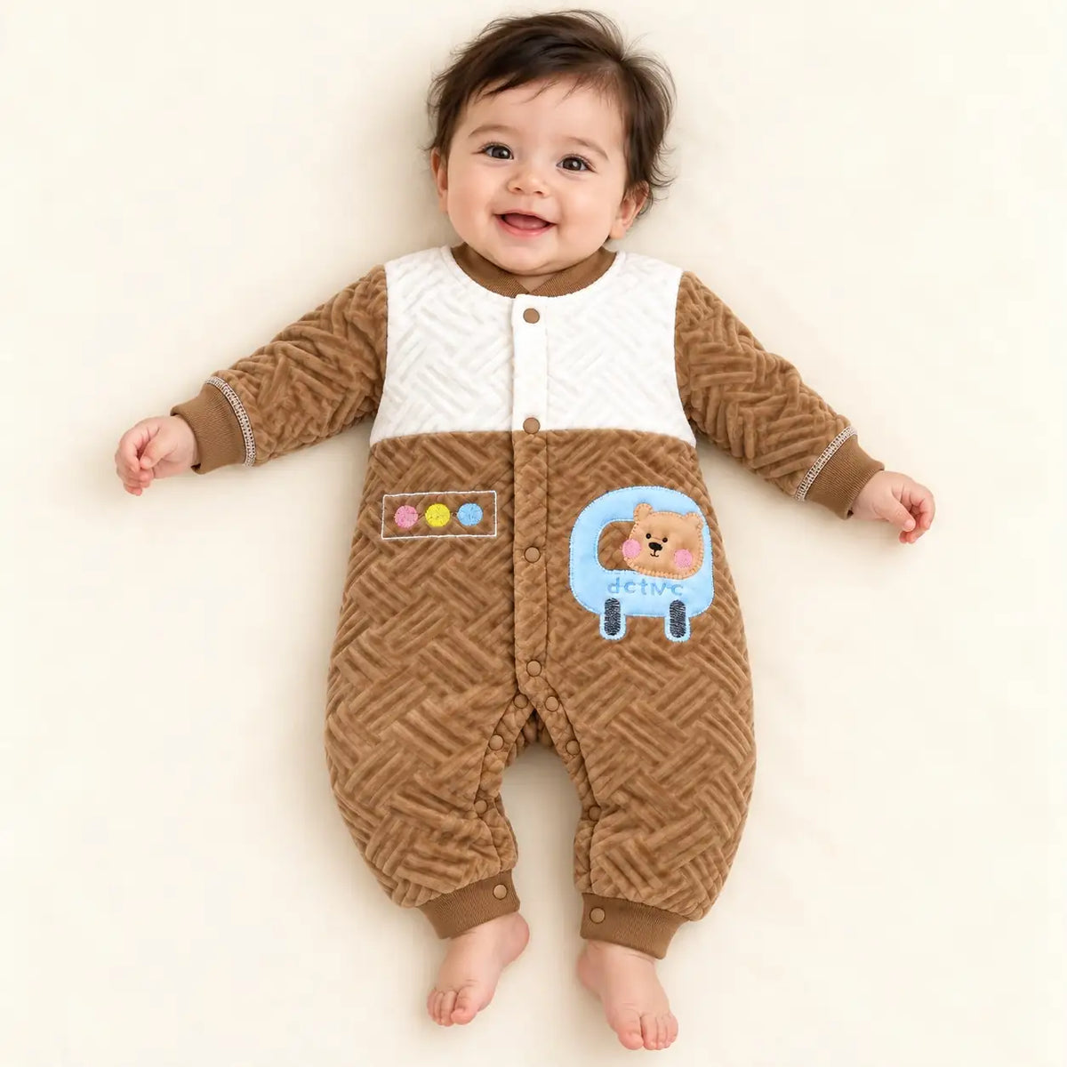 Baby Wearing Brown and White Velvet Quilted Winter Romper