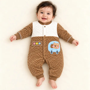 Baby Wearing Brown and White Velvet Quilted Winter Romper