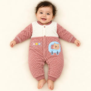 Baby Wearing Pink and Cream Velvet Quilted Winter Romper