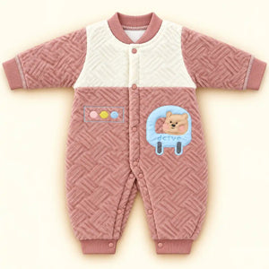 Baby Velvet Quilted Winter Romper Pink and Cream in Pakistan