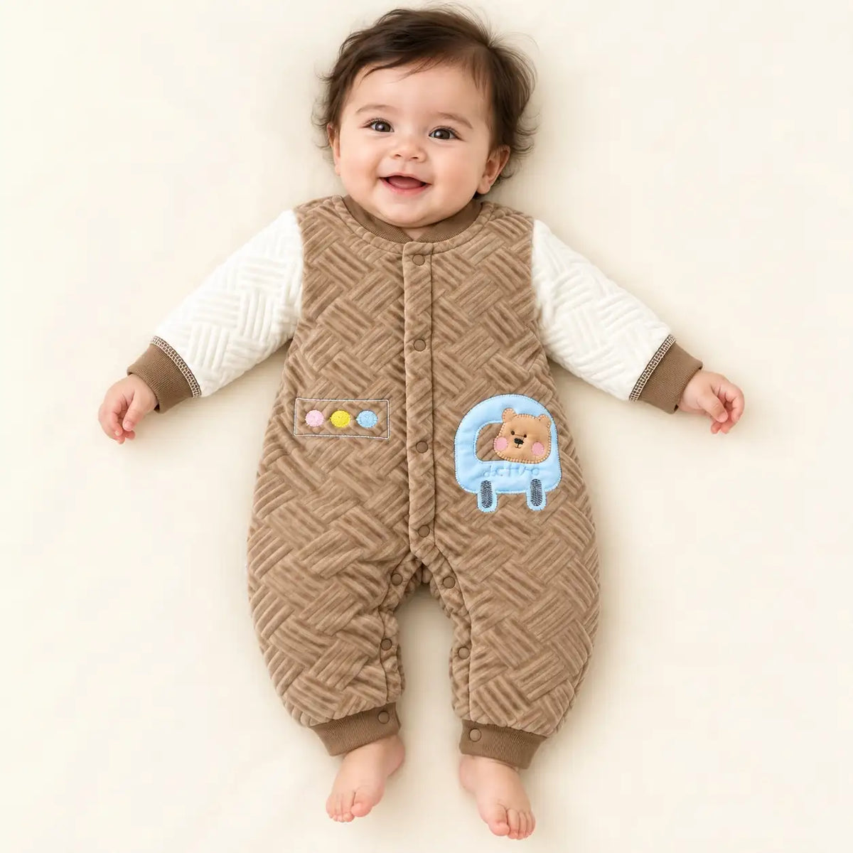 Baby Wearing Brown and Cream Velvet Quilted Winter Romper