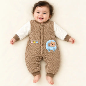 Baby Wearing Brown and Cream Velvet Quilted Winter Romper
