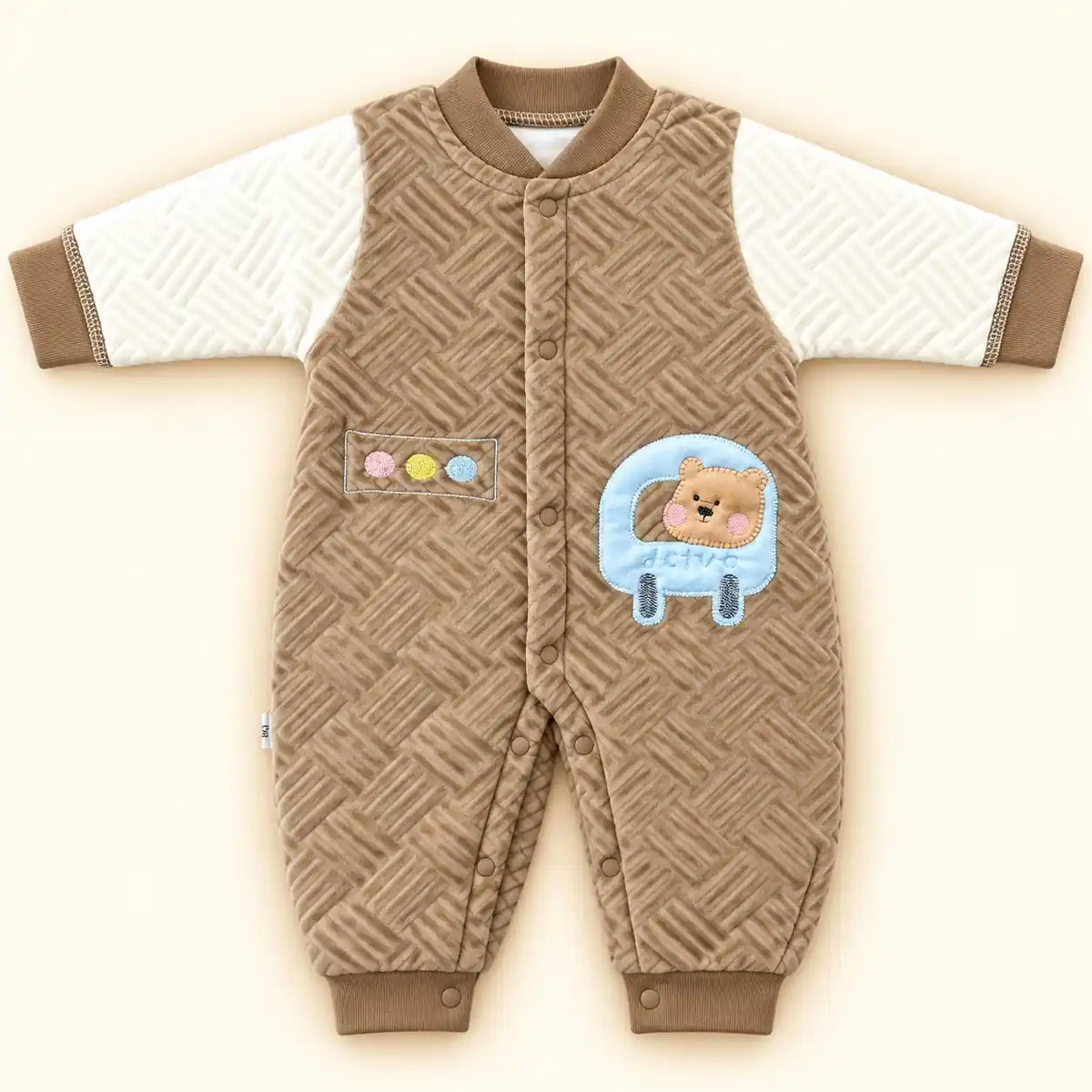Baby Velvet Quilted Winter Romper Brown and Cream in Pakistan