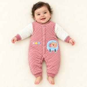 Baby Wearing Pink and White Velvet Quilted Winter Romper
