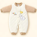 Beige and White Baby Quilted Winter Romper with Elephant Design