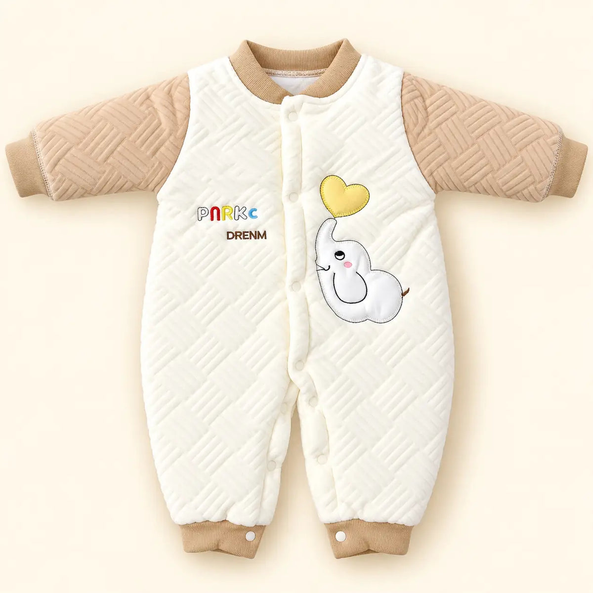 Beige and White Baby Quilted Winter Romper with Elephant Design