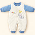 Blue and White Baby Quilted Winter Romper with Elephant Design