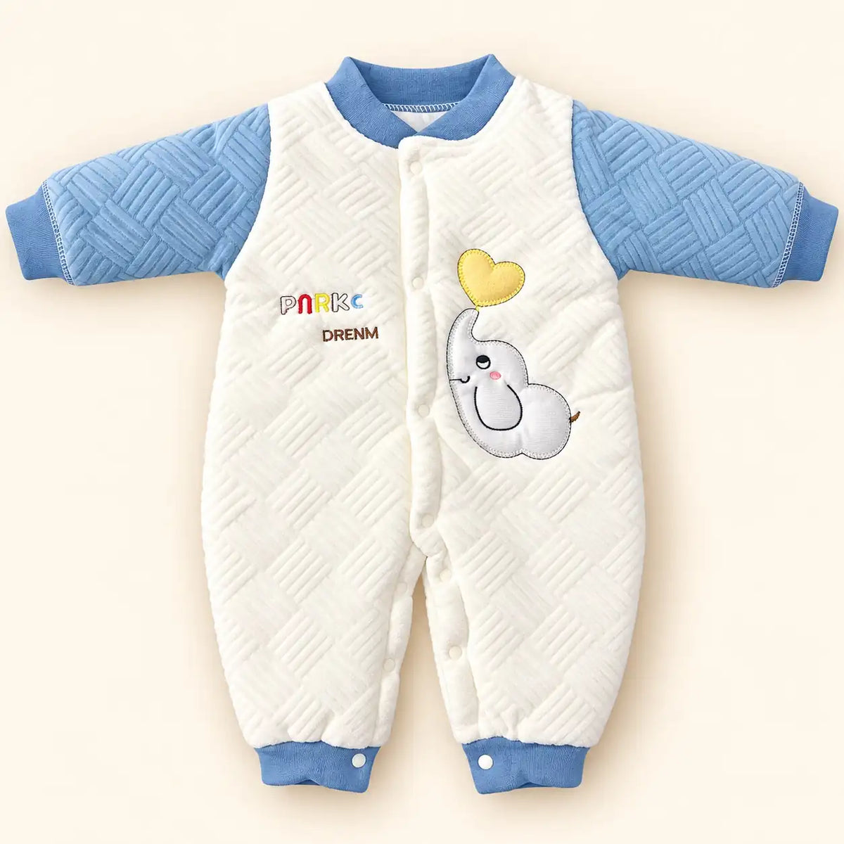 Blue and White Baby Quilted Winter Romper with Elephant Design