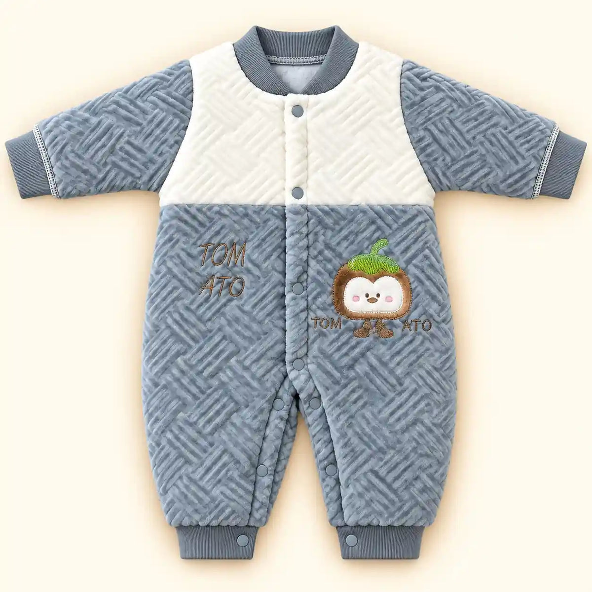 Grey and White Baby Quilted Winter Romper with Cute Character Design