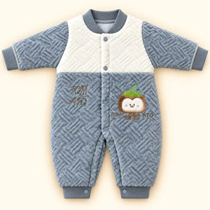 Grey and White Baby Quilted Winter Romper with Cute Character Design