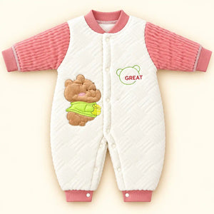Pink and White Baby Quilted Winter Romper with Bear Design