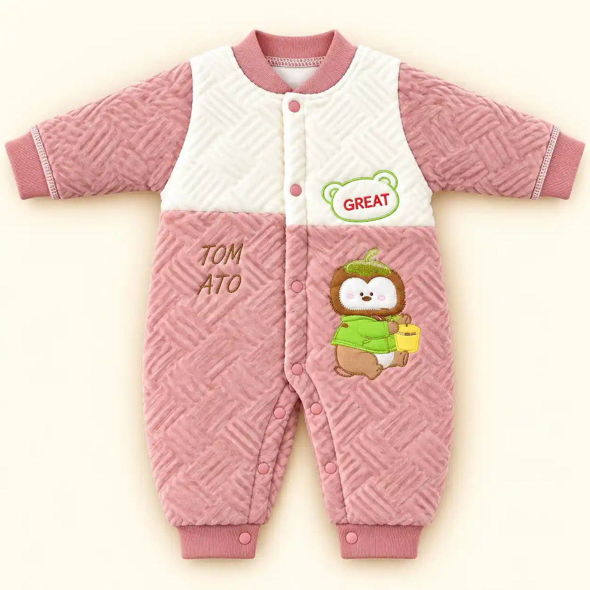 Pink and White Baby Quilted Winter Romper with Cute Character Design
