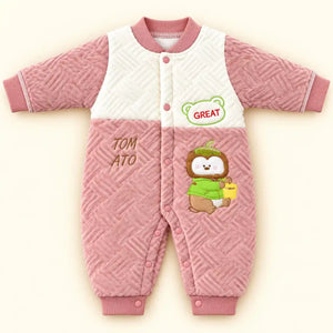 Pink and White Baby Quilted Winter Romper with Cute Character Design