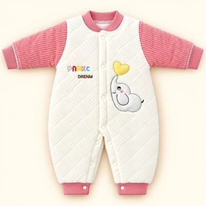 Pink and White Baby Quilted Winter Romper with Elephant Design