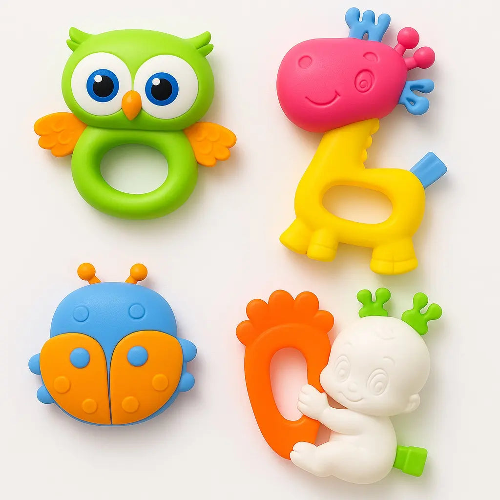 Pack of 4 baby teether rattles with owl, giraffe, ladybug and bunny designs for babies 3+ months